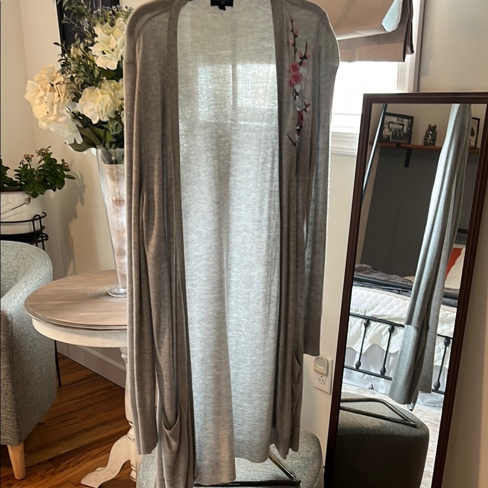 Gray Embroidered Long Cardigan
